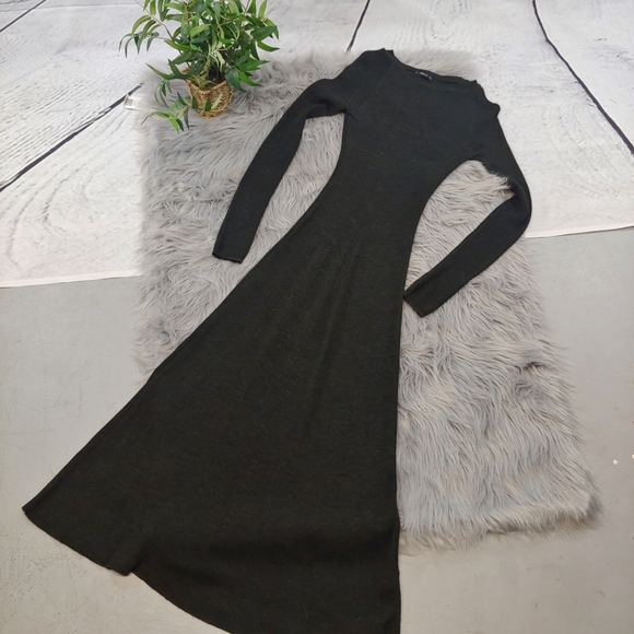 chinese dress ladies Grey Sweater Maxi Dress with Denim Patchwork & Slit Small